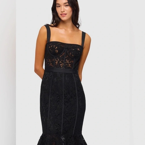 LEO LIN Clover Lace Bustier Ruffle Midi Dress in Black, size 8 Sleeveless - Picture 4 of 16